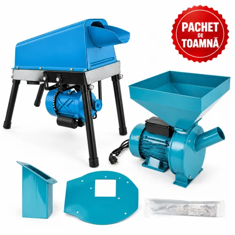 Desfacator porumb simplu, 500 kg/h, tambur ranforsat + Moara electrica cereale si știuleți, cuva mare + Adaptor moara pentru furaje si resturi vegetale