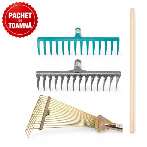 Coada din lemn pentru grebla, 1.5 m + Grebla reglabila pentru frunze, tip evantai + Grebla metal cu 14 dinti drepti + Grebla metal cu 14 dinti intorsi