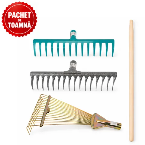 Coada din lemn pentru grebla, 1.5 m + Grebla reglabila pentru frunze, tip evantai + Grebla metal cu 16 dinti drepti + Grebla metal cu 16 dinti intorsi