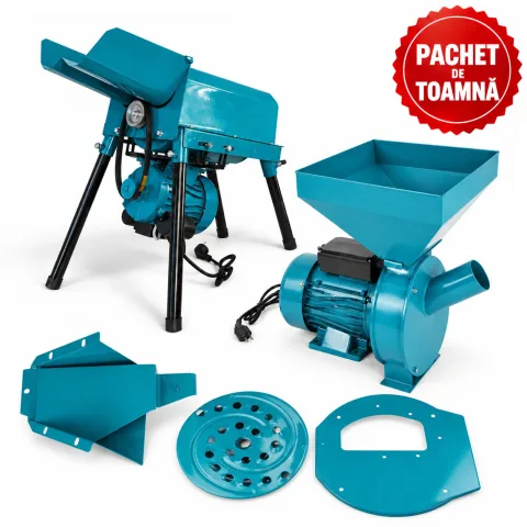 Desfacator de porumb dublu, 800 kg/h, tambur ranforsat + Moara electrica cereale si știuleți, cuva mare, 240 kg/oră, cutite ranforsate, 4 site incluse + Adaptor moara pentru fructe