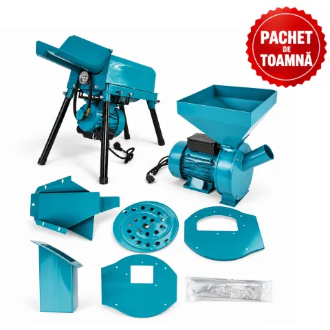 Desfacator de porumb dublu, 800 kg/h, tambur ranforsat + Moara electrica cereale si știuleți, cuva mare, 240 kg/oră, cutite ranforsate, 4 site incluse + 2 Adaptoare pentru fructe si resturi vegetale
