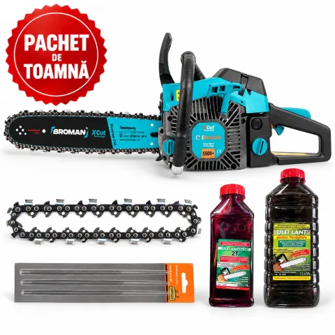 Drujba benzina 5500+, lama 38 cm + Lant de drujba 32 + Set 3 pile pentru drujba 4.8 mm + Ulei de amestec rosu 500 ml + Ulei de ungere 1 L