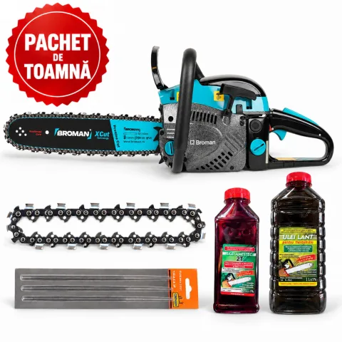 Drujba benzina 5800+, lama 38 cm + Lant de drujba 32 + Set 3 pile pentru drujba 4.8 mm + Ulei de amestec rosu 500 ml + Ulei de ungere 1 L