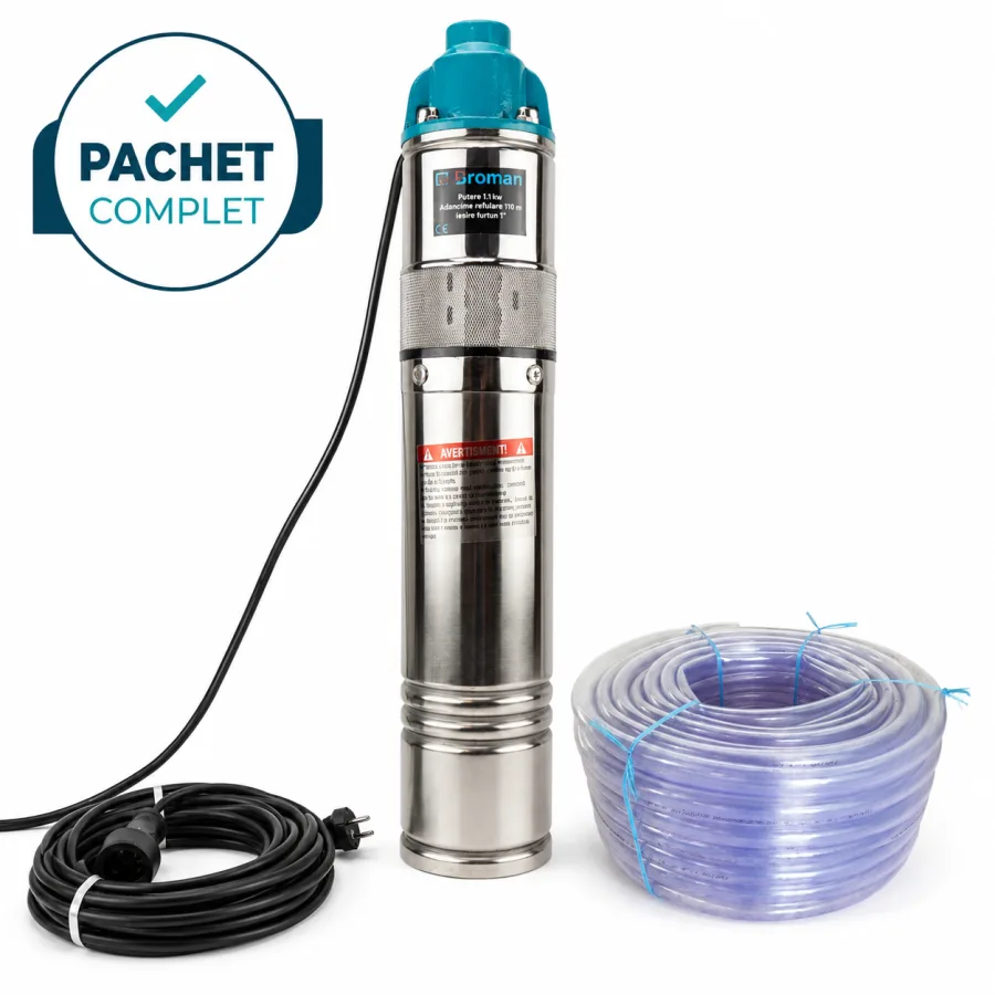 Pompa apa submersibila tip tun fara plutitor, 4QGD + Furtun apa transparent 1', 50 m + Prelungitor negru 10 m, 3x2.5 mm