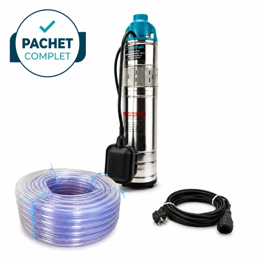 Pompa apa submersibila tun cu plutitor, 4QGD-F + Furtun apa transparent 1', 50 m + Prelungitor negru 10 m, 3x2.5 mm