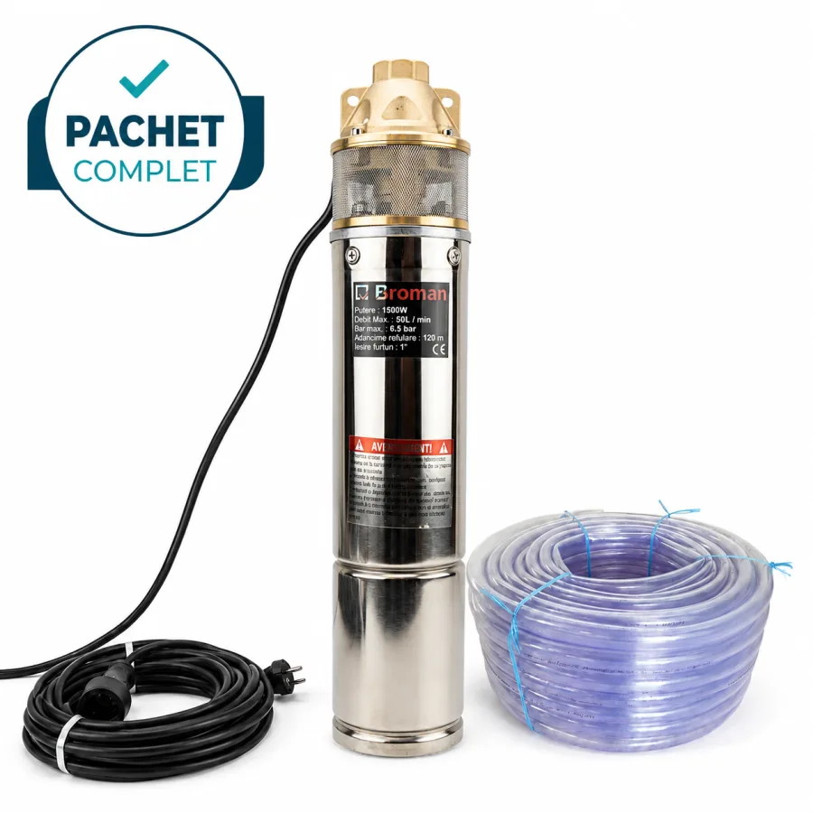 Pompa submersibila tip tun SKM-100 + Furtun apa transparent 1' , 50m + Prelungitor negru 10 m, 3x2.5 mm