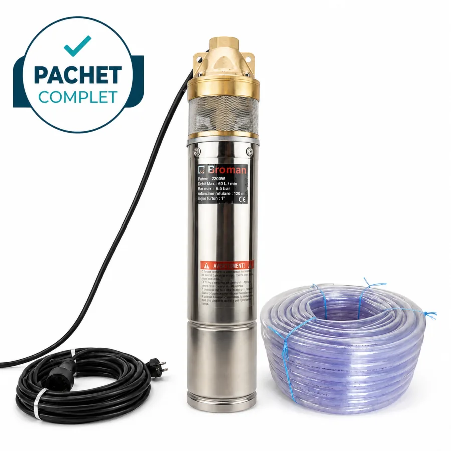 Pompa apa submersibila tip tun, SKM-150 + Furtun apa transparent 1', 50 m + Prelungitor negru 10 m, 3x2.5 mm