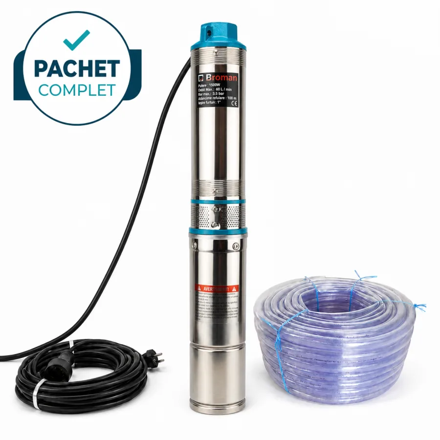 Pompa de apa submersibila tip tun, 4SDM 4/18 + Furtun de apa transparent 1', 50 m + Prelungitor negru 10 m, 3x2.5 mm