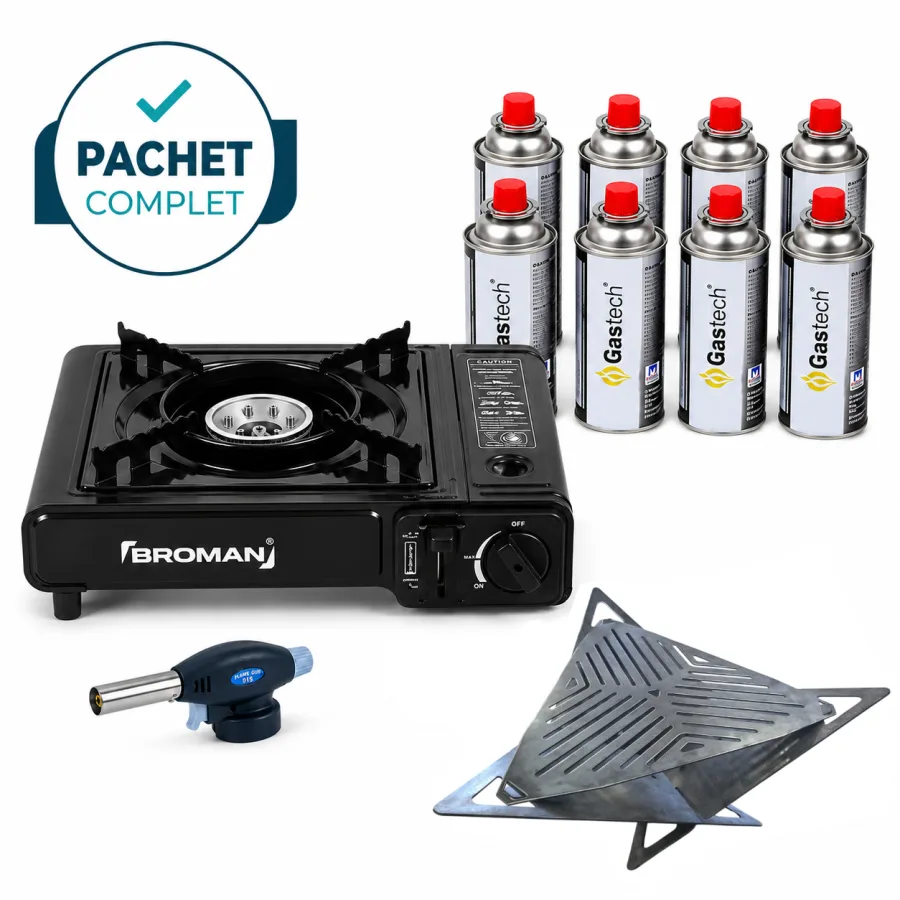 Gratar portabil din 4 piese + Aragaz camping + 8 buc de rezerva butelie gaz camping 227g + Cap arzator 227g