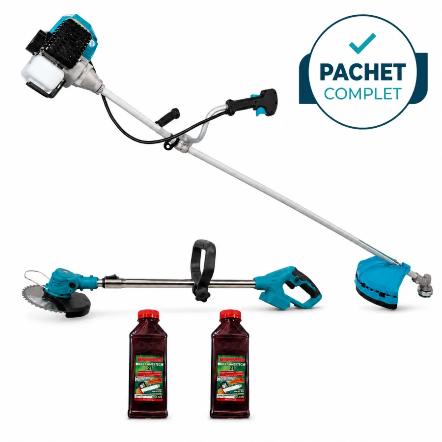 Motocoasa benzina 6000+, 2 timpi, 7 accesorii incluse + Motocoasa electrica EC-38V + Ulei de amestec rosu 500 ml