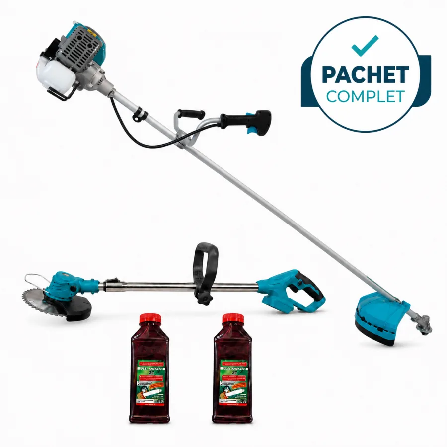 Motocoasa benzina 6200+, 2 timpi, 8 accesorii incluse + Motocoasa electrica EC-38V + Ulei de amestec rosu 500 ml