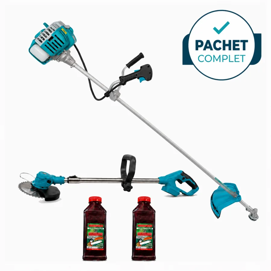 Motocoasa benzina 6500+, 2 timpi, 9 accesorii incluse + Motocoasa electrica EC-38V + Ulei de amestec rosu 500 ml