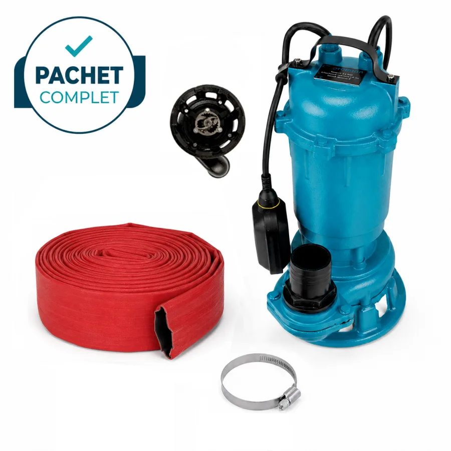 Pompă de apă murdară pentru fosă cu cutit tocător Power-Cut WQD-K, Broman  + Furtun pompier rosu 30 m + Colier metalic 44-64 mm