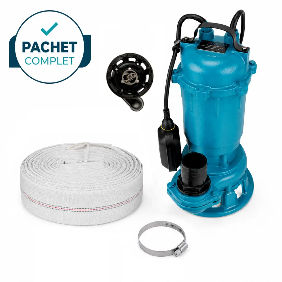 Pompă de apă murdară pentru fosă cu cutit tocător Power-Cut WQD-K, BROMAN + Furtun pompier 30 m + Colier metalic 44-64 mm