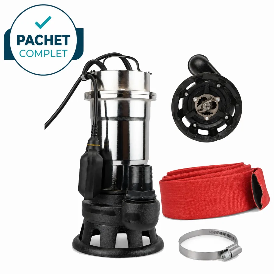 Pompa de apa murdara pentru fosa din inox, cu cutit tocător + Furtun pompier rosu 30 m + Colier metalic