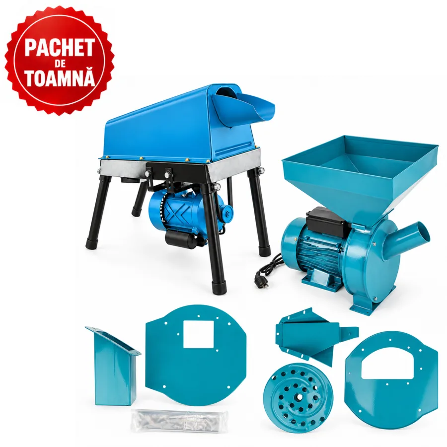 Desfacator porumb simplu, 500 kg/h, tambur ranforsat + Moara electrica cereale si știuleți, cuva mare + 2 Adaptoare fructe si resturi vegetale