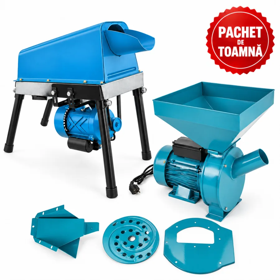 Desfacator porumb simplu, 500 kg/h, tambur ranforsat + Moara electrica cereale si știuleți, cuva mare + Adaptor moara pentru fructe