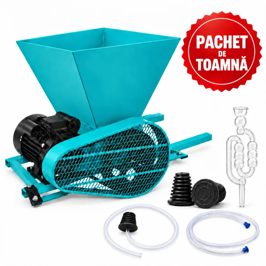 Zdrobitor de struguri electric, max 500 kg/ora + Accesorii damigene pentru vin 25-50 L
