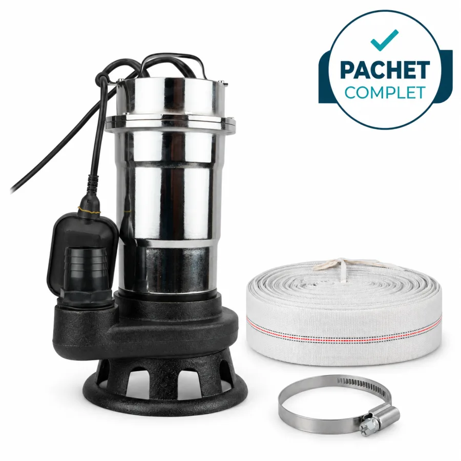 Pompa de apa murdara pentru fosa, inox + Furtun pompier 30 m + Colier metalic cu surub