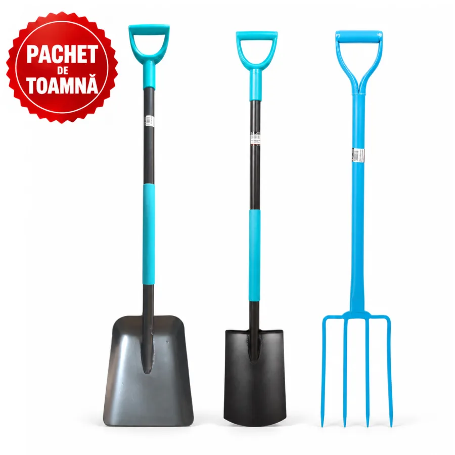 Lopata cu coada metalica + Harlet drept cu coada metalica + Furca cu 4 coarne, cu coada metalica