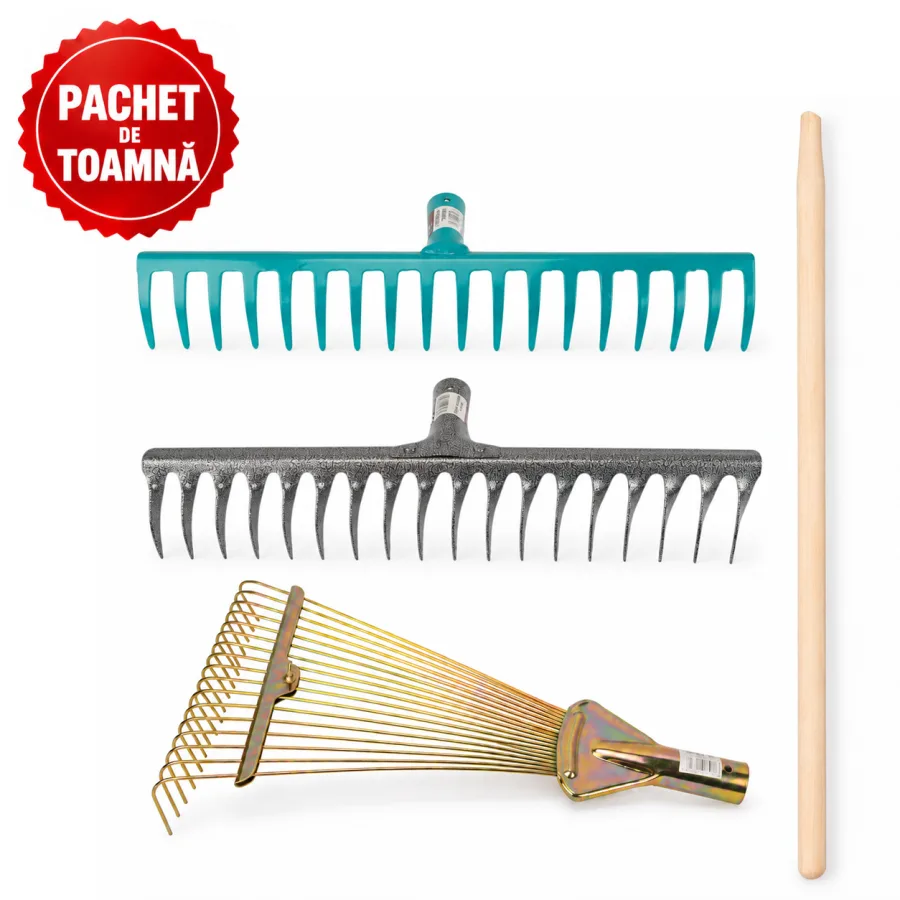 Coada din lemn pentru grebla, 1.5 m + Grebla reglabila pentru frunze, tip evantai + Grebla metal cu 18 dinti drepti + Grebla metal cu 18 dinti intorsi