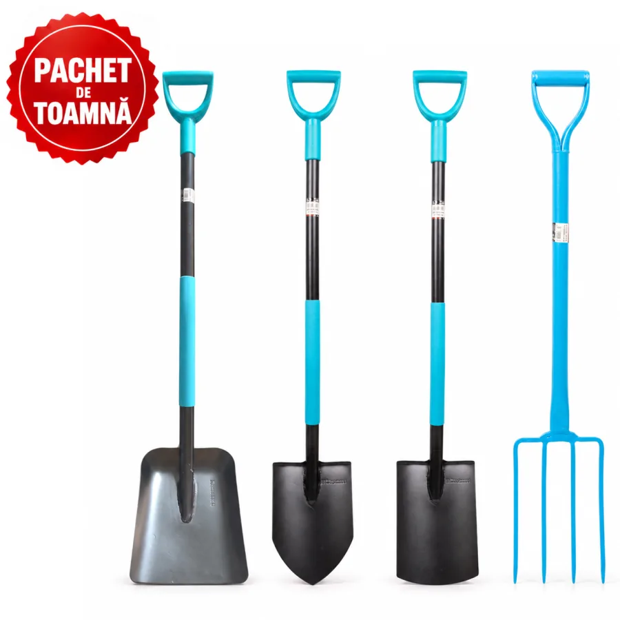 Lopata cu coada metalica + Harlet ascutit cu coada metalica + Harlet drept cu coada metalica + Furca cu 4 coarne, cu coada metalica