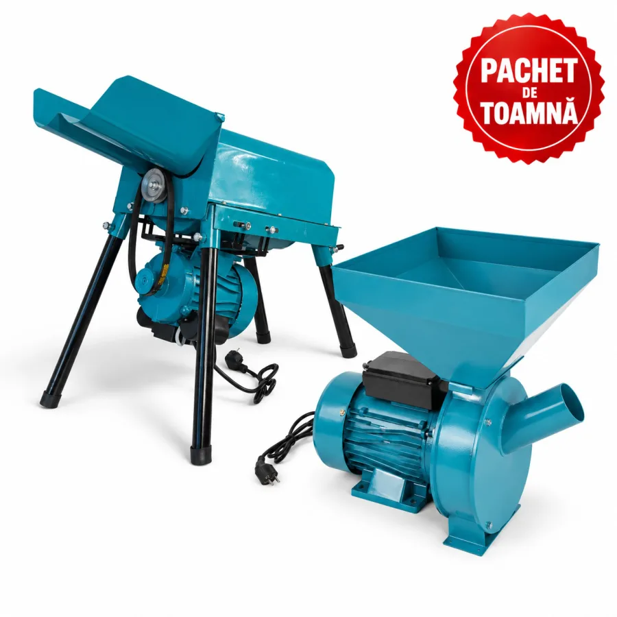 Desfacator de porumb dublu, 800 kg/h, tambur ranforsat + Moara electrica cereale si știuleți, cuva mare, 240 kg/oră, cutite ranforsate, 4 site incluse