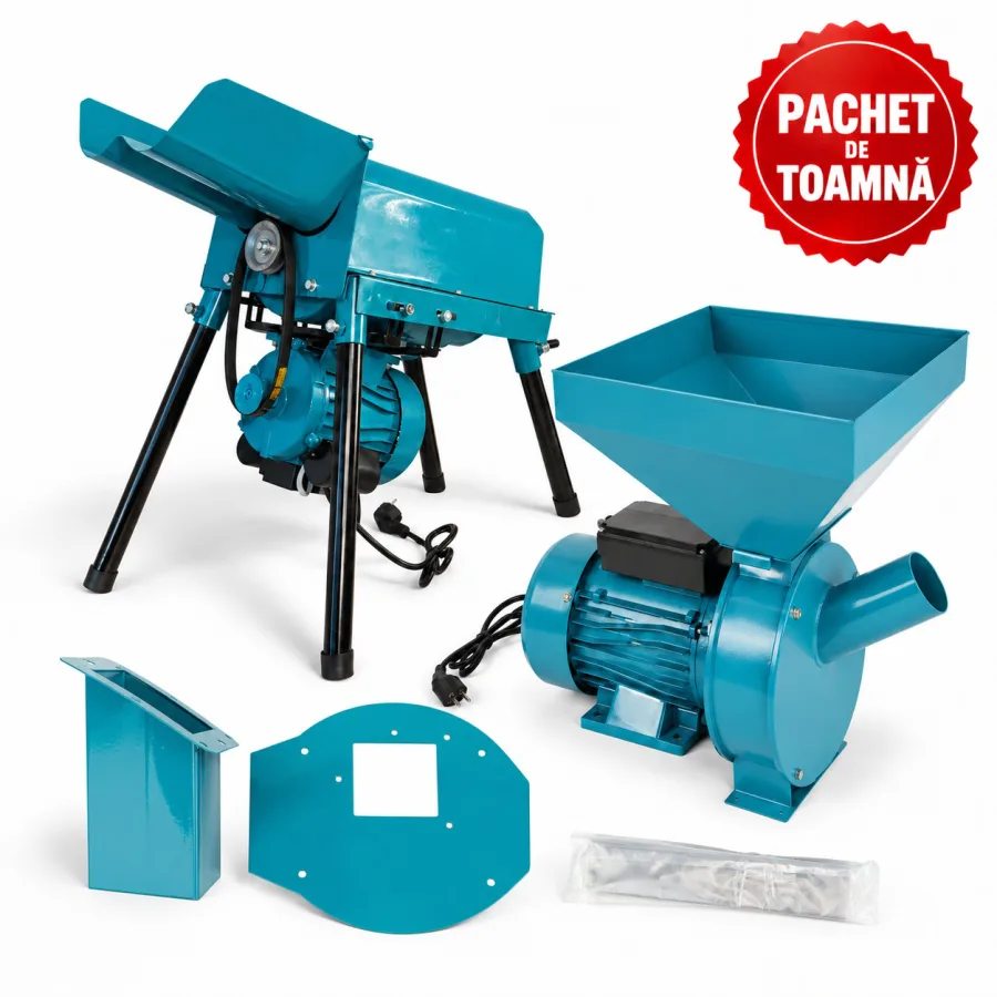 Desfacator de porumb dublu, 800 kg/h, tambur ranforsat + Moara electrica cereale si știuleți, cuva mare, 240 kg/oră, cutite ranforsate, 4 site incluse + Adaptor moara pentru furaje si resturi vegetale