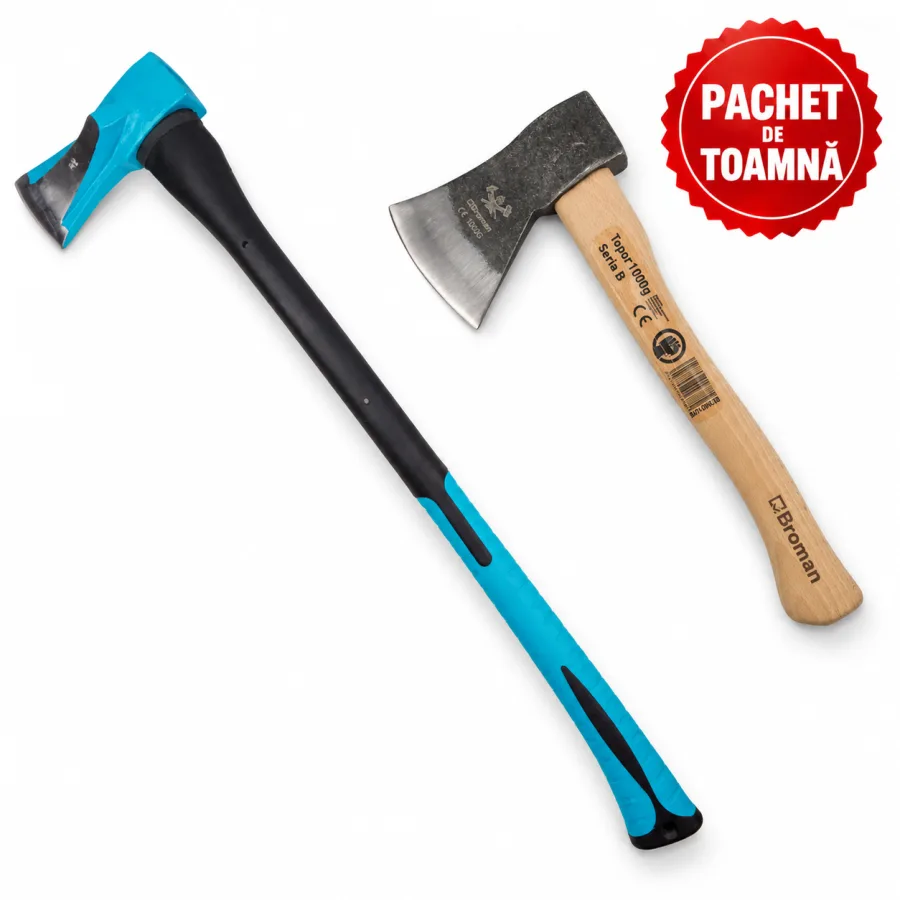 Topor de despicat lemne 2 kg, fibra + Topor 1000 g, forjat, coada 40 cm