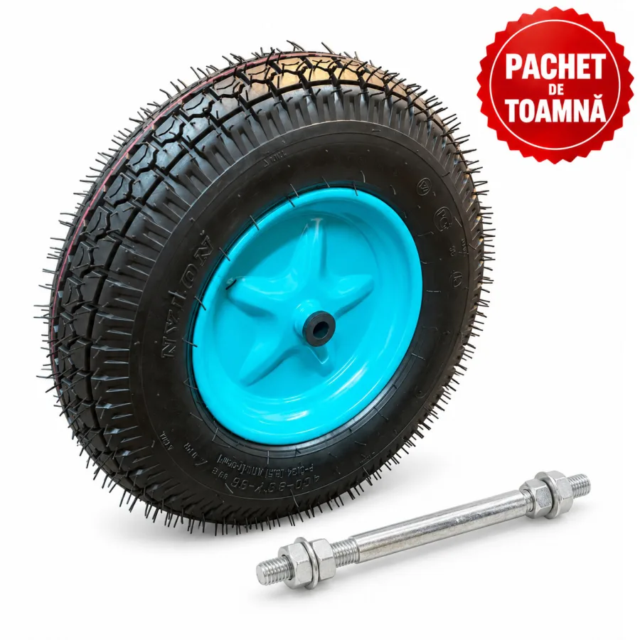 Roata cu bucsa 4.00-8, ax 14, cauciuc TOP 8 PR + Ax pentru roata roaba 14 x 205 mm