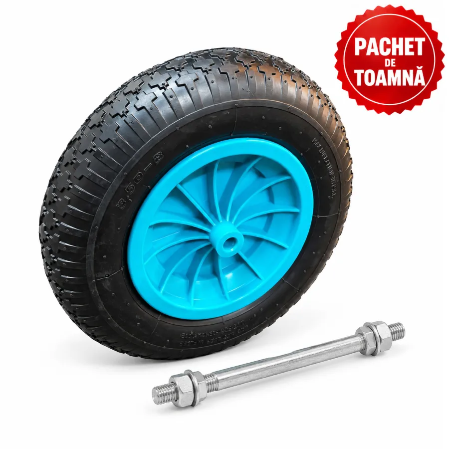 Roata cu janta de plastic 3.50/8, ax 14 + Ax pentru roata roaba 14 x 205 mm