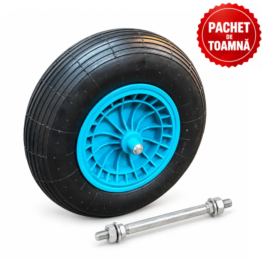 Roata cu janta plastic 4.00-8, ax 14 + Ax pentru roata roaba 14 x 205 mm