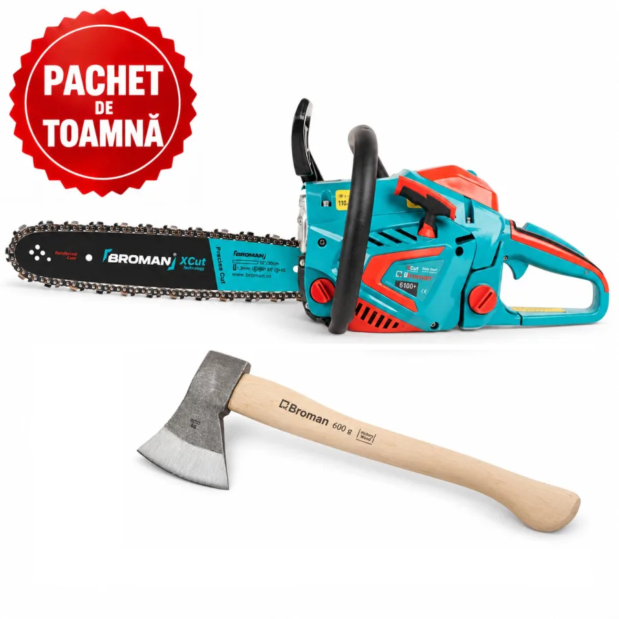 Drujba benzina 6100+, lama 38 cm, tehnologie Easy Start + Topor forjat 600 g, coada 36 cm