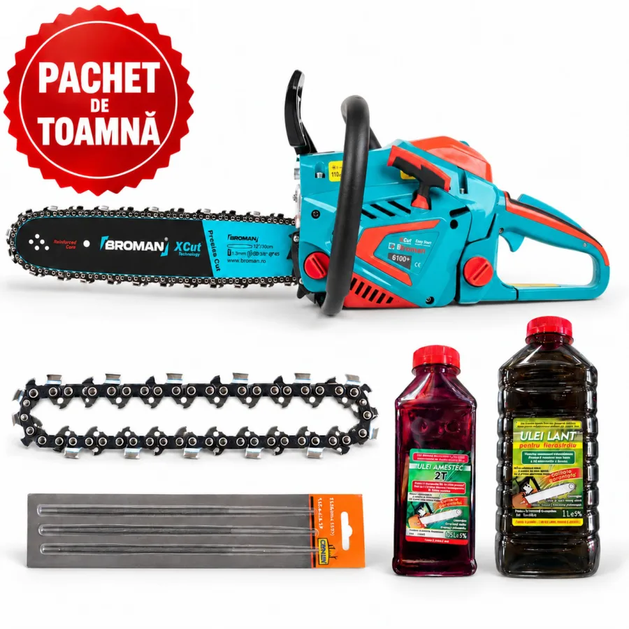 Drujba benzina 6100+, lama 38 cm + Lant de drujba 32 + Set 3 pile pentru drujba 4.8 mm + Ulei de amestec rosu 500 ml +  Ulei de ungere 1 L
