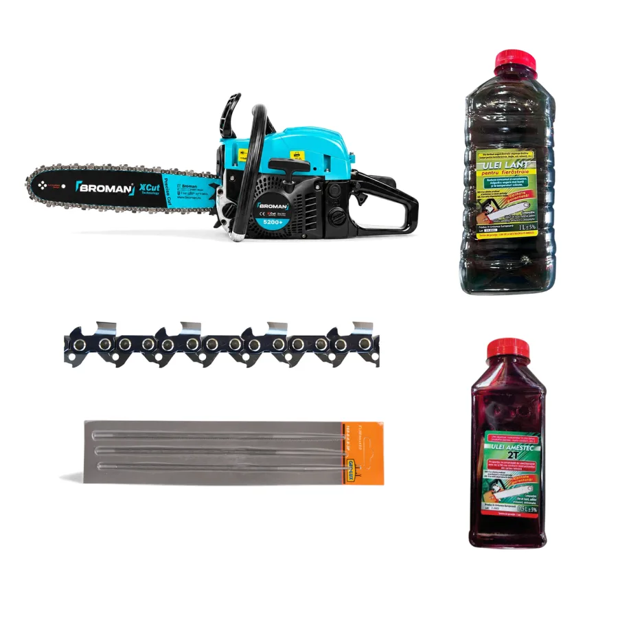 Drujba benzina 5200+, lama 38 cm + Lant de drujba 32 + Set 3 pile pentru drujba 4.8 mm + Ulei de amestec rosu 500 ml +  Ulei de ungere 1 L